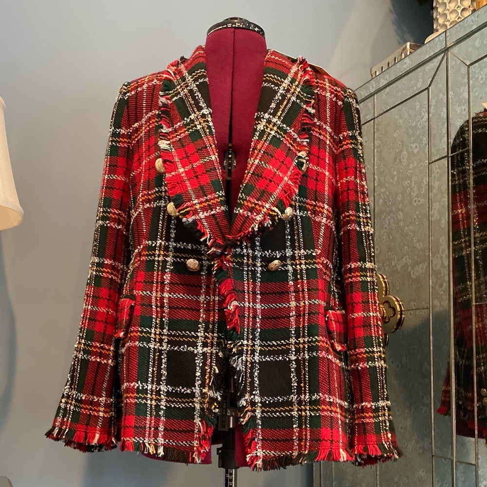 Zara Red and Black Plaid Blazer Coat - Picture 4 of 12
